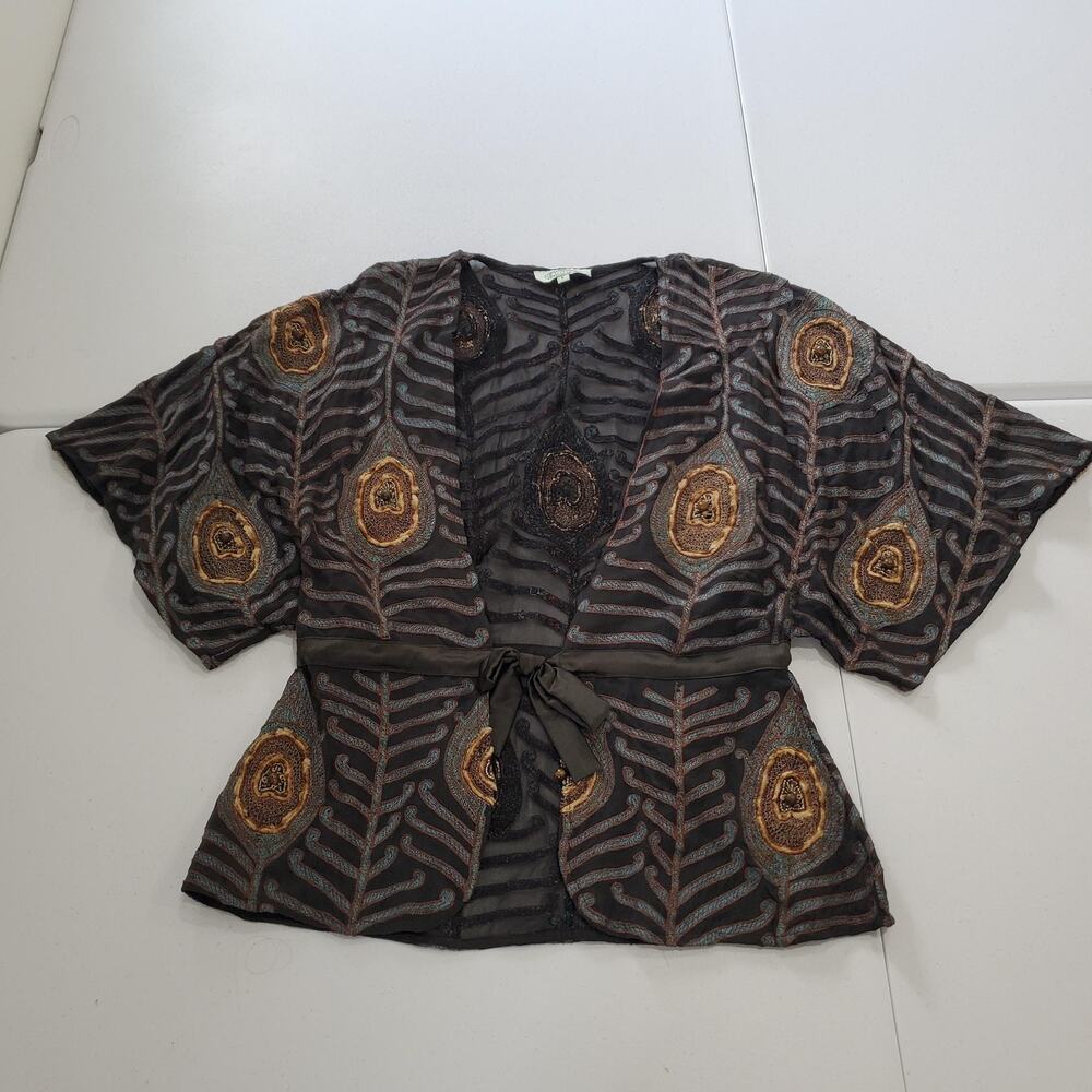Elegant Black and Gold Beaded Women's Jacket with Peacock Feather Pattern